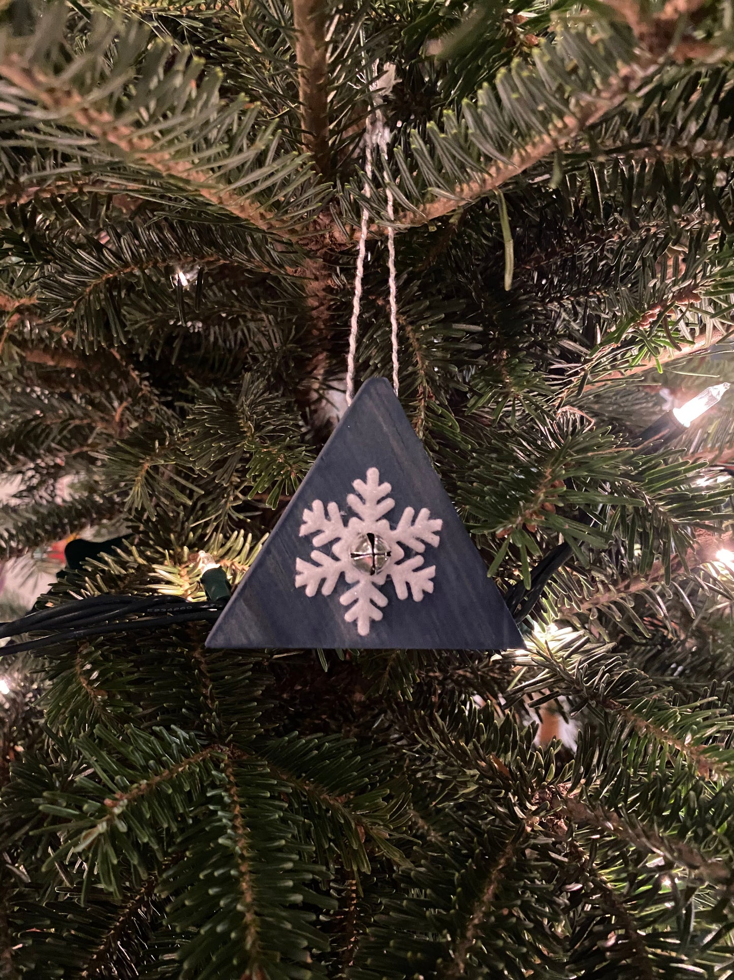 Pine Wood Triangle Ornaments 3" worn navy with felt snowflake