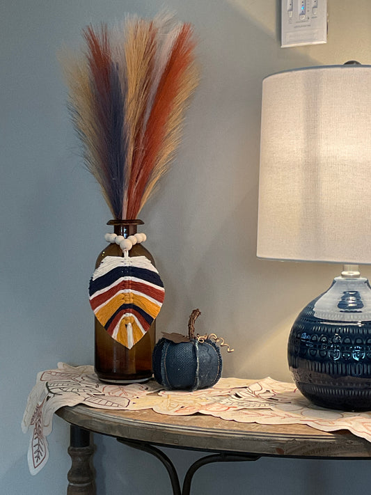 Amber Vase with Fall Pampas and Macramé Leaf 10 inch