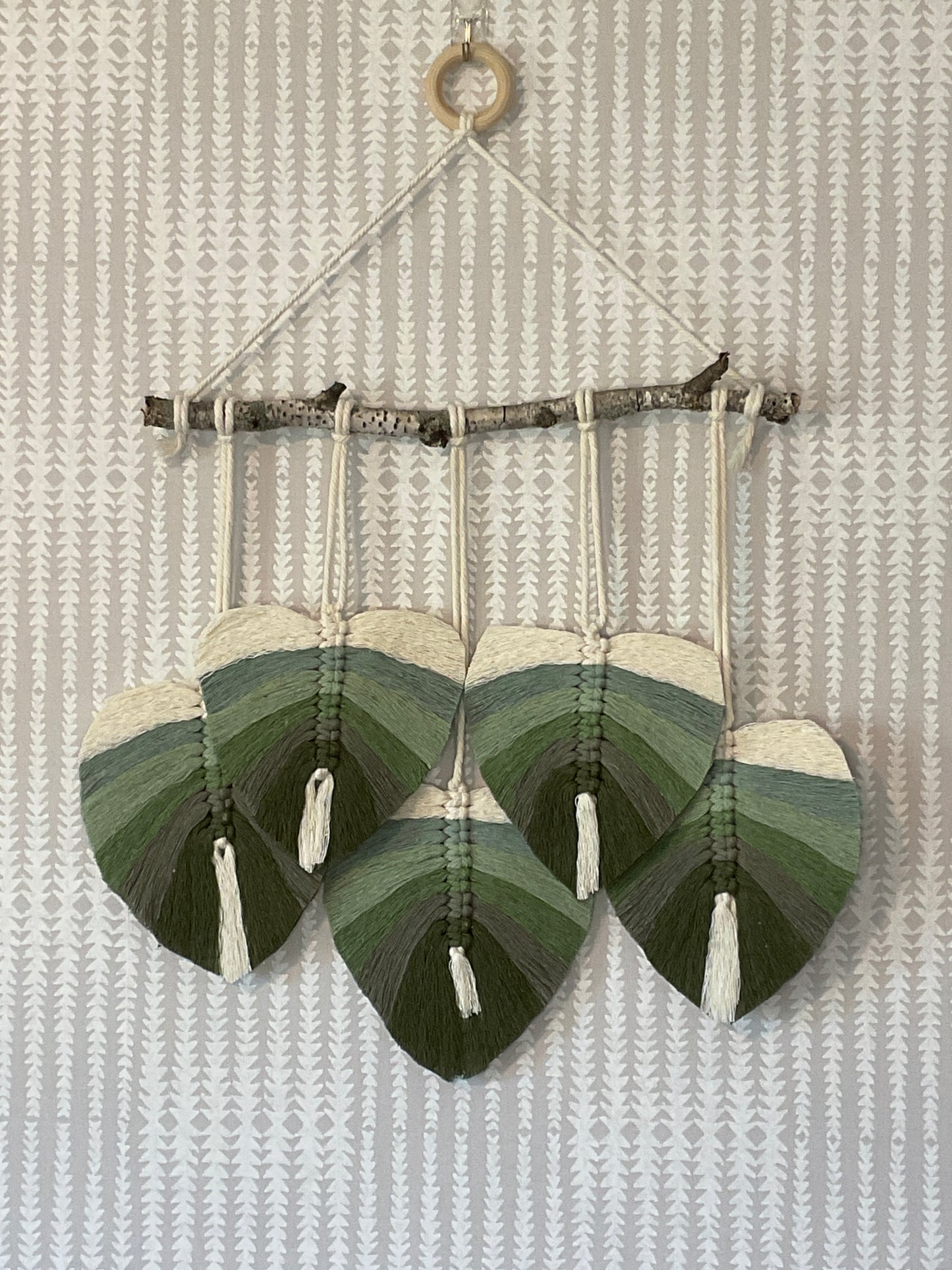 Shades of Green Macrame leaves on Birch stick