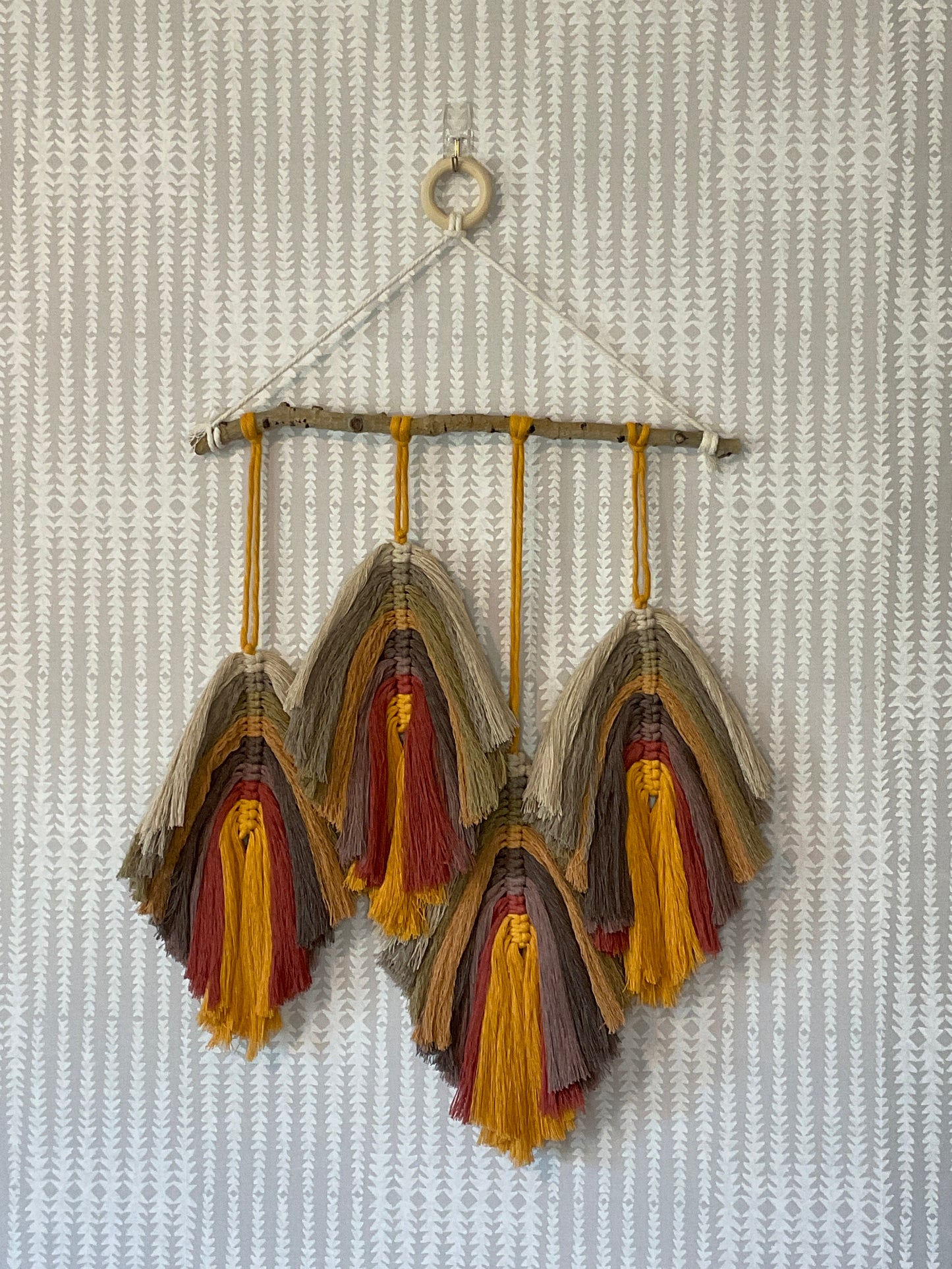 Golden Brown Macrame leaves on Birch Stick