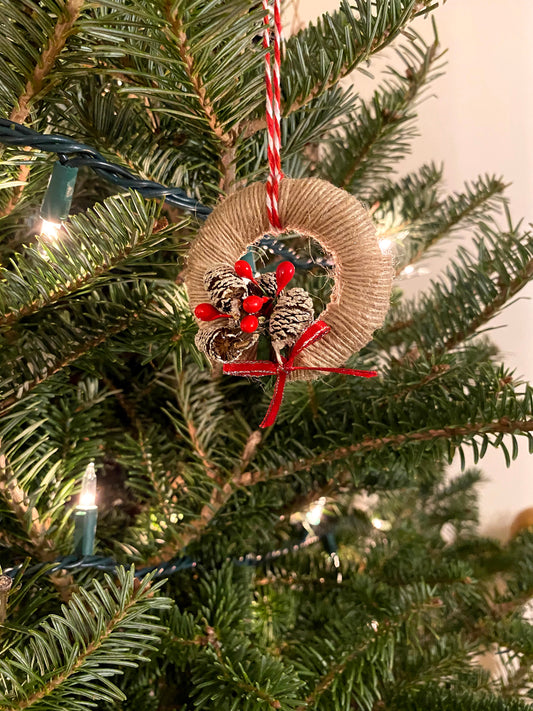 2" Miniature Burlap wood ring Ornament with Pinecone & Berries