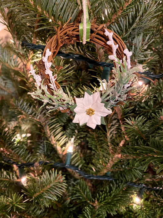 3" Miniature Grapevine Wreath Ornament with White Poinsettia