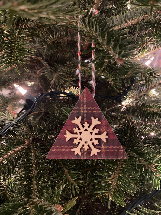 Pine Wood Triangle Ornaments 3" Burgundy Plaid