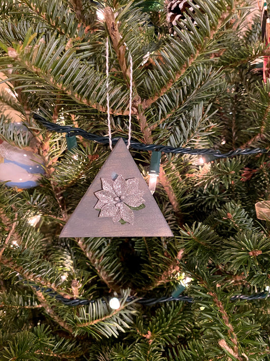 Pine Wood Triangle Ornaments 3" Grey with silver poinsettia