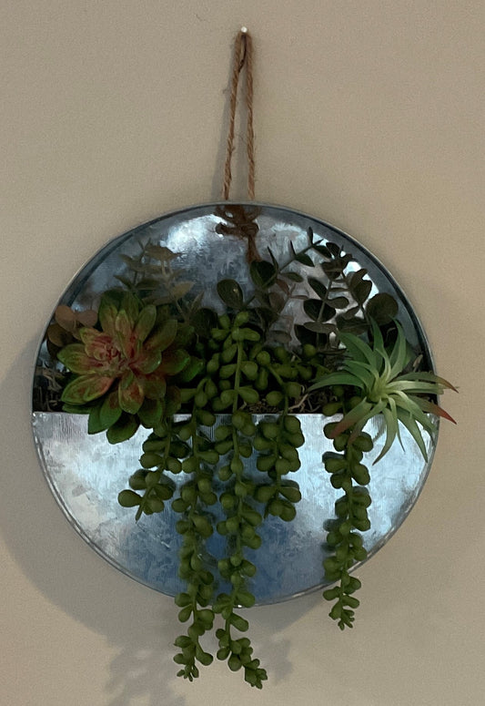 Galvanized Metal Round Farmhouse Bin with Succulent Arrangement